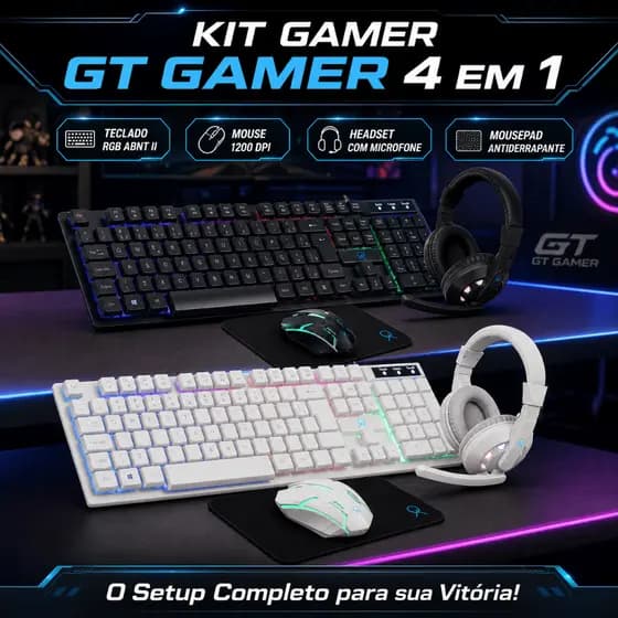 KIT GAMER 4 EM 1 TECLADO + MOUSE + HEADSET + MOUSE PAD GT GAMING