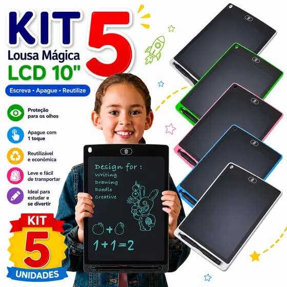 Kit 5 Lousa Mágica LCD 10 Polegadas Infantil Tablet de Escrita e Desenho Educativo