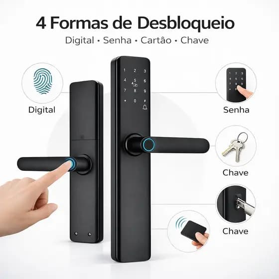 Fechadura Digital 22 × 160 mm Inteligente Tuya Biométrica Senha Cartão e Chave Mecânica