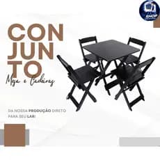 Jogo de Mesa Dobrável Madeira Maciça PRETA 70x70 c/ 4 ou 2 Cadeiras Bar Restaurante Área Externa Gourmet