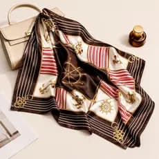 Lenço Pequeno 50x50cm Cetim Feminino Estilo Náutico Âncora Listrado Chic Moda