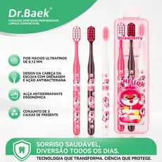 Dr.Baek Escova de dentes com cerdas macias, design Strawberry Bear,Kit 3 Cores,Viagem/Uso doméstico