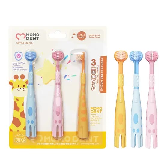 MOMODENT Escova Dental Infantil 3 Lados, Design Girafa, Cerdas Duplas, Ultra Macia, 3 Cores