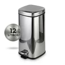 Lixeira Inox 12 Litros Quadrada Grande c/ Pedal e Cesto Removível Lixo Soft Close