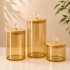 Conjunto de potes de vidro herméticos ambar liso porta temperos e mantimentos com tampa de bambu e cristal luxo