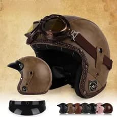Capacete de Motocicleta Retrô em Couro PU, Aberto 3/4, Estilo Chopper, Capacetes Clássicos Vintage para Moto