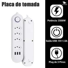 Régua de Tomadas 5+3 USB Bivolt – Cabo 2m, 110V/220V, Organização Total