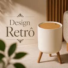 Lixeira Retrô 8L Tampa Click Banheiro Cozinha Escritório Resistente Pé Madeira Moderna