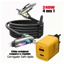 Carregador 240W Carregamento Rápido + Cabo USB-C 4 em 1 Silicone | 3 Opções: Apenas Cabo/Apenas Fonte/Combo | Cabo 1m/2m