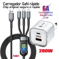 Carregador GaN 280W Duas Saídas PD Tipo-C + USB-A | Cabo 3-em-1 1,2m Tipo C/Lightning/Micro USB, Carregamento Rápido