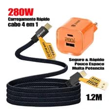 Fonte GaN 280W PD Tipo-C e USB-A + Cabo 4-em-1 Silicone 1.2m | Rápido, 3 Opções, Compatível com Todos Aparelhos