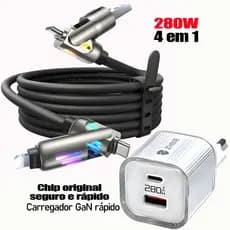 Carregador 240W + Cabo USB‑C 4 em 1 | Carga Ultra Rápida, Silicone Duradíssimo, Seguro e Alta Qualidade | Cabo 1M/2M