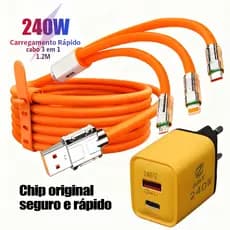 RYLO Cabo 3 em 1 USB-C / Lightning / USB, Carregamento Rápido, Silicone 1.2M, Laranja/Preto/Azul