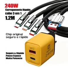 Cabo Carregador 3 em 1 Multifuncional Alta Qualidade Turbo Rápido Resistente Compatível com Diversos Dispositivos