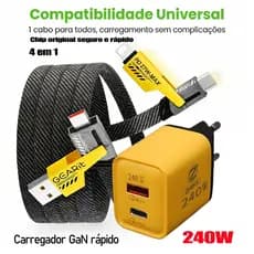 Carregador 280W Carregamento Ultrarrápido + Cabo 4 em 1 Silicone USB-C | Opções: Cabo / Fonte / Combo | 1m 2m