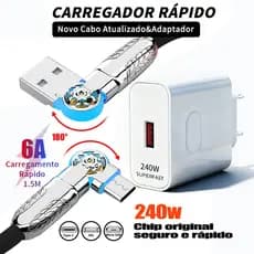 Cabo de Dados 180° Rotação Dupla (Tipo C/Micro USB/iP) + Carregador 2 Portas 280W