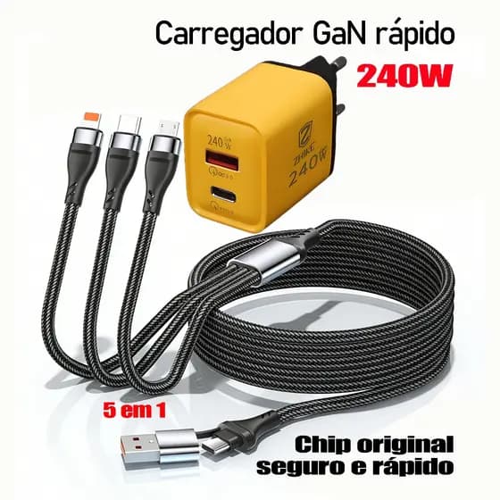 Cabo 5 em 1 Carregamento Rápido, 3 Opções: Apenas Cabo/Fonte/Combo | Para iPhone,Samsung,Xiaomi,Motorola