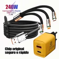 Kit Carregador GaN 240W + Cabo 3em1 USB-C/Lightning/USB, Carregamento Turbo, Compatível iPhone/Samsung/Xiaomi/Moto/Vivo