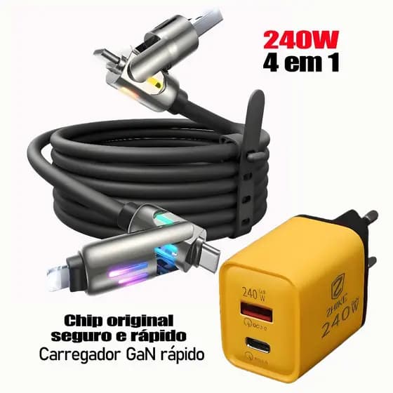 Carregador 240W Carregamento Rápido + Cabo USB-C 4 em 1 Silicone | 3 Opções: Apenas Cabo/Apenas Fonte/Combo | Cabo 1m/2m