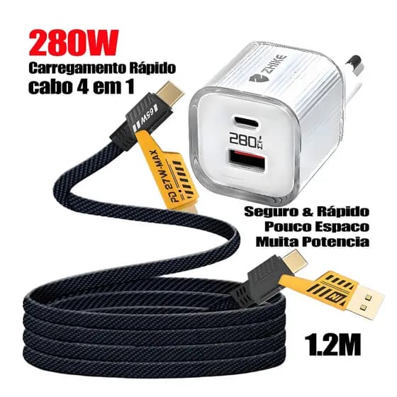 Fonte GaN 280W PD Tipo-C + USB-A | Kit com Cabo 4-em-1, Compatível iPhone Samsung Motorola, Combo ou Separado