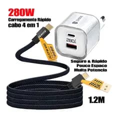 Fonte GaN 280W PD Tipo-C + USB-A | Kit com Cabo 4-em-1, Compatível iPhone Samsung Motorola, Combo ou Separado