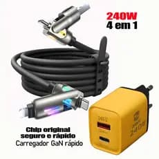Carregador 240W Carregamento Rápido + Cabo USB-C 4 em 1 Silicone | 3 Opções: Apenas Cabo/Apenas Fonte/Combo | Cabo 1m/2m
