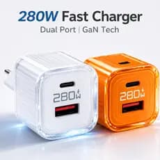 Carregador Turbo USB-C + USB-A, Carga Rápida GaN, Compatível iPhone e Android