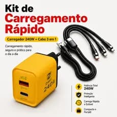 Kit Carregador Rápido GaN 240W PD + USB-A | Cabo 3-em-1 1,2m Compatível com iPhone Android e Outros Aparelhos