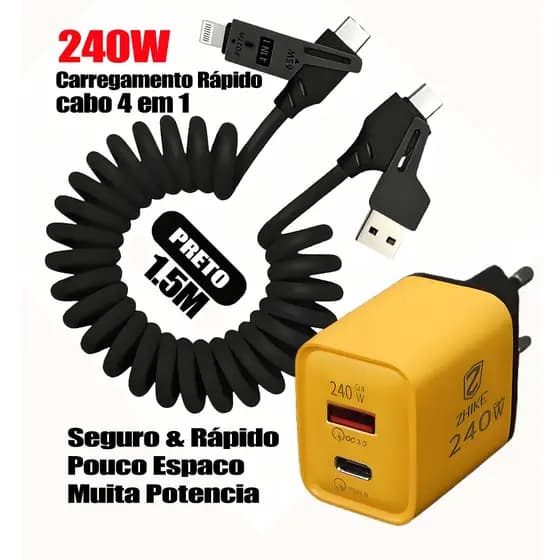 Carregador GaN 240W + Cabo Espiral Retrátil Extensível 4 em 1 65W USB Tipo C Lightning Carga Rápida