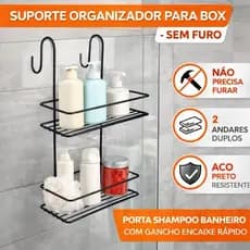 Suporte Organizador Para Box Duplo Sem Furo – Porta Shampoo Banheiro com Gancho Encaixe Rápido