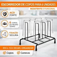 Escorredor De Copos 6 Lugares Suporte Para Secar Copos Organizador De Pia Cozinha Aço Resistente