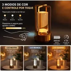 Luminária de Mesa Cristal Estilo Lanterna Recarregável | 3 Tons de Luz