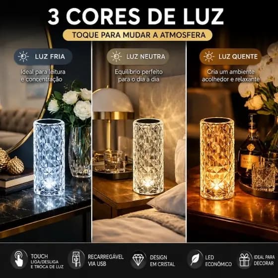 Luminária LED Cristal Touch - 3 Tons de Luz Sem Fio