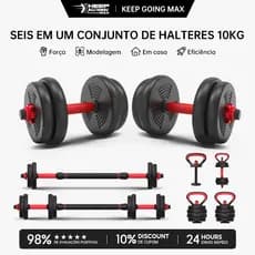 KEEP Brinde: munhequeira Kit Halteres Ajustável 6 em 1 Barra, Anilha e Kettlebell Musculação