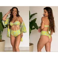 Conjunto Biquíni Hot Pant Kimono Estampado Feminino Alta Sustentação - Bojo Removível Moda Praia