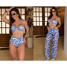 Conjunto Biquíni Hot Pant Alta Sustentação + Calça Pantalona Tule - Bojo Removível Moda Praia