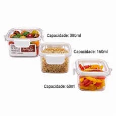 Conjunto 3 Potes Herméticos Quadrados Vedação Total, BPA Free e Ideal para Armazenar Alimentos Kit 3 Potes Herméticos