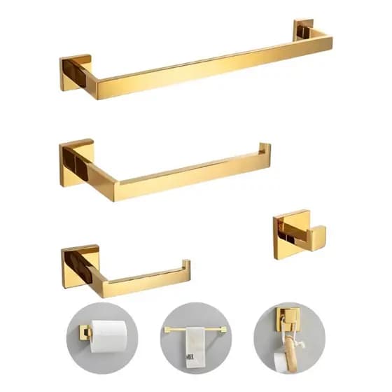 Kit Acessórios Para Banheiro 4 Peças Inox Quadrado 60cm Toalheiro De Banheiro Preto/Dourado/Cromado