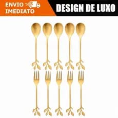 Kit 10 Peças Jogo Colher E Garfo Sobremesa Aço Inoxidável Talheres Dourados Para Café