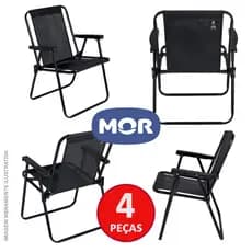 KIT 4 Cadeira Preta ou Xadrez de Praia Alta e Dobrável em Aço Mor - Piscina, Pesca, Camping e Varanda