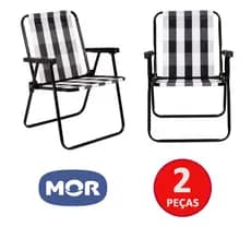 KIT 2 Cadeira de Praia e Varanda Xadrez Preta Dobrável em Aço Reforçado Mor 110kg
