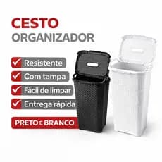 Cesto Rattan Grande C/Tampa Basculada Preto ou Branco 50L Armazenamento Resistente