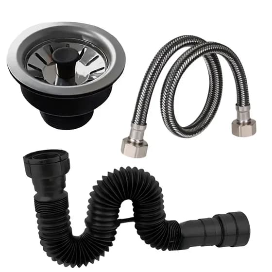 Kit Cozinha Válvula Americana com Cestinha Sifão Universal 70 cm e Engate Flexível Inox com Niple