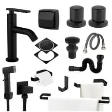 Kit Acessórios Completo Banheiro Preto Fosco + Torneira ABS + 2 Acabamento Padrão Deca + Ducha Higiênica