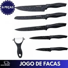 Jogo de Facas Profissionais 6 Peças com Descascador Revestimento Antiaderente Preto Cozinha Completa