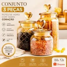 Conjunto 3 Potes Vidro Hermético  600/900/1250ml  Âmbar TAMPA Coração / Porta Mantimento / Armazenamento