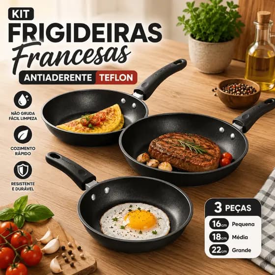 jogo 3 Frigideiras Francesas Teflon Antiaderente 16 18 22 cm Não Gruda Fácil limpar acabamento premi