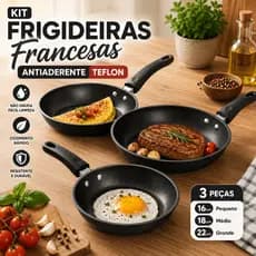 jogo 3 Frigideiras Francesas Teflon Antiaderente 16 18 22 cm Não Gruda Fácil limpar acabamento premi