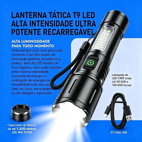 Lanterna Tática Super Brilhante USB Recarregável com Zoom e À Prova d'Água para Camping Sítio e Segurança