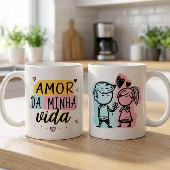 Caneca Xicara Estampa Amor Da Minha Vida Porcelana Premium 325ml
